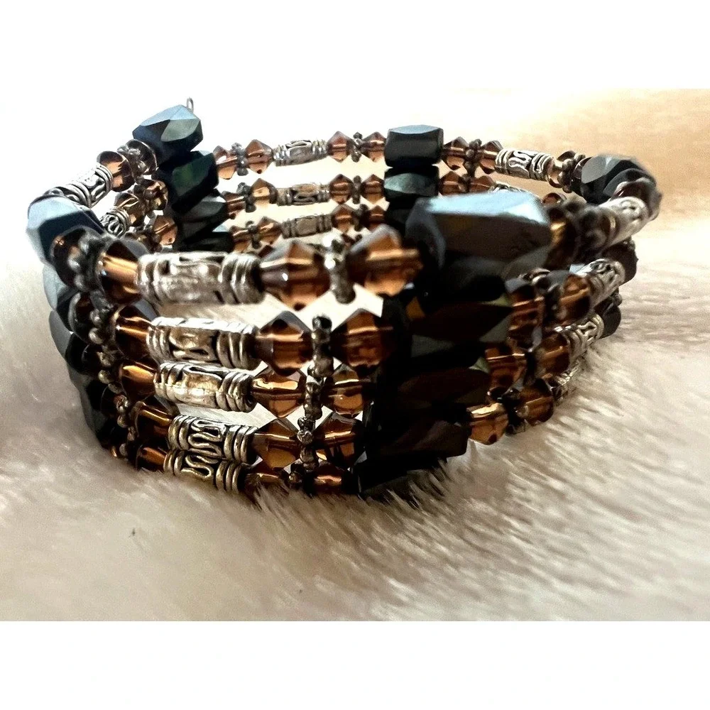 Magnetic Wrap Bracelet Brown Glass Beaded Multi Strand‎ Bronze Black Earthy